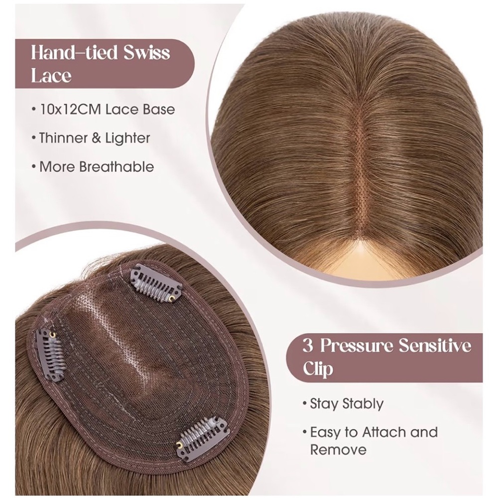 Hair Topper Real Human Hair with Bangs 7 * 13CM Silk Base with Lace 10”Med.Brown - Picture 3 of 10